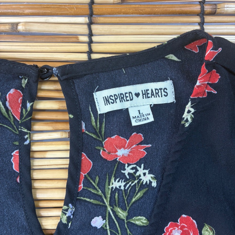 Inspired Hearts Womens Floral Long Sleeve Romper Black Red Tiered L 3BQUW808R